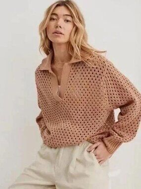 AERIE Women's Open Knit Polo Sweater Size L in Beach Dune Tan